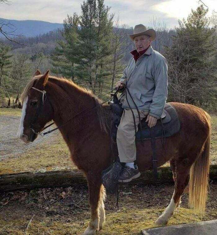 My Neighbor At Our Farm Riding A Horse To Celebrate His 102 Year Birthday. I’m Convinced He Will Never Die