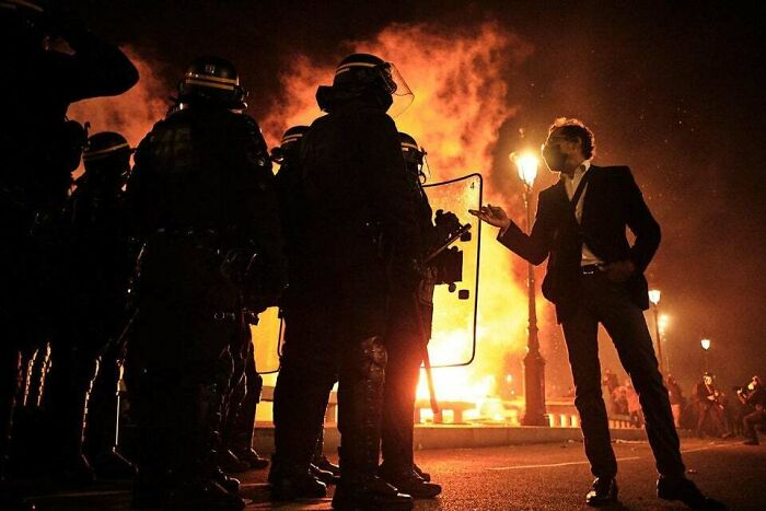 French Protester Explaining His Ideas To Riot Cops, Place De La Bastille, 28th Of November