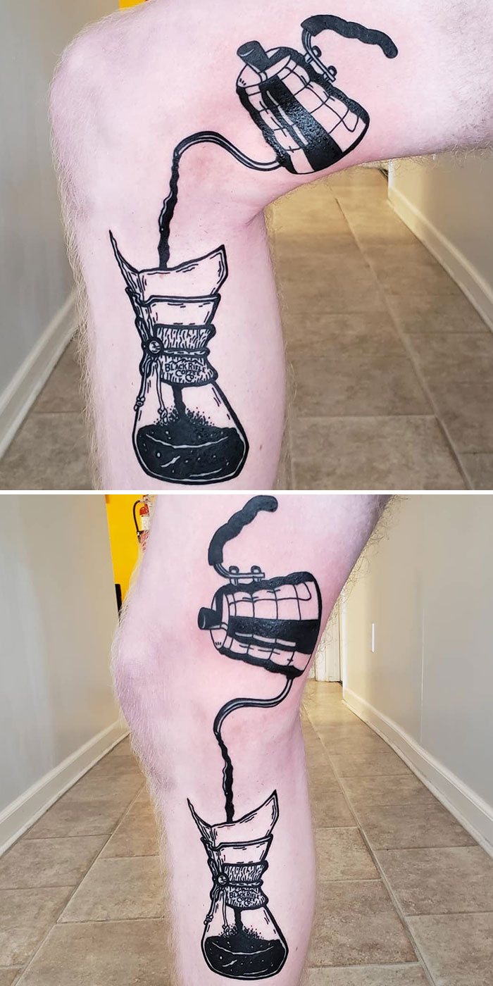 Creative tattoo of a coffee pot and cup on a leg, transforming with movement.