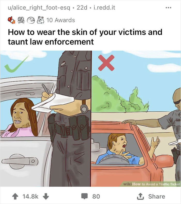 WikiHow image with humorous captions showcasing interactions with law enforcement during traffic stops.