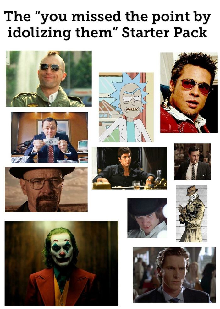 Funniest starter pack meme featuring various fictional characters, illustrating missed idolization points.