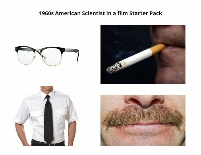 "Starter pack meme featuring glasses, cigarette, white shirt with black tie, and mustache."