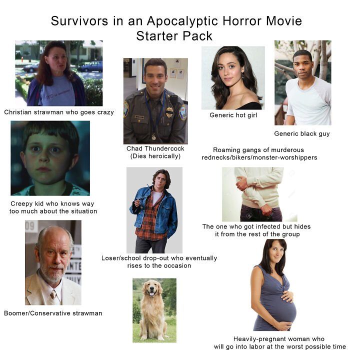 Funny starter pack meme depicting various stereotypical horror movie survivor archetypes.