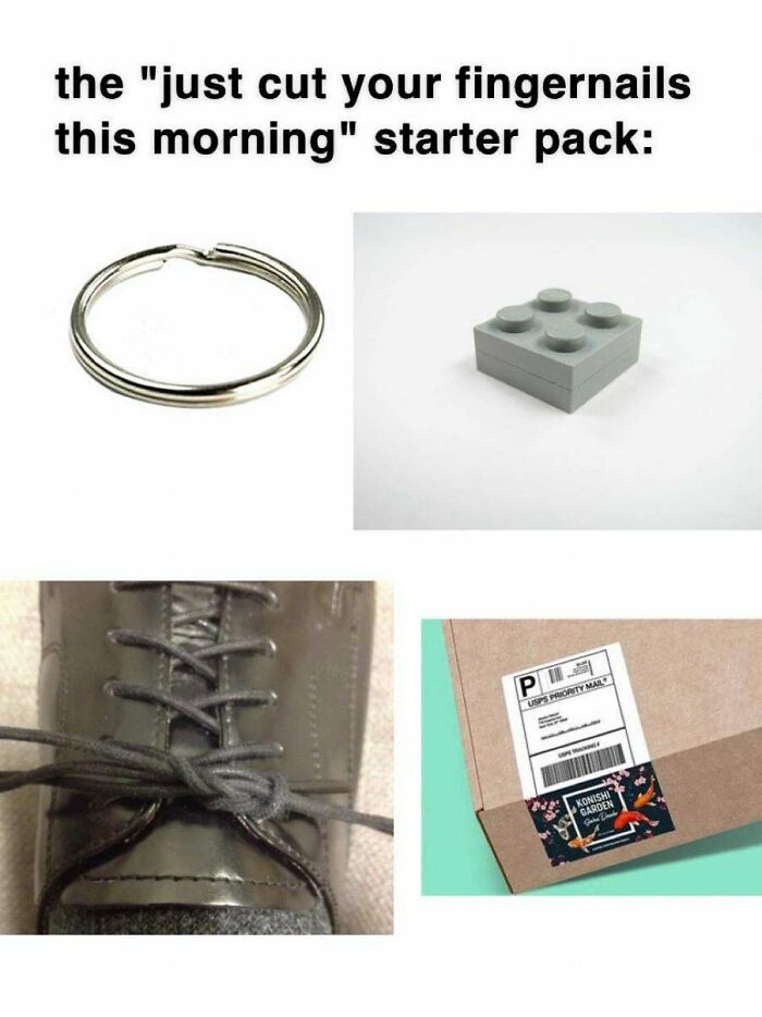 Starter pack meme featuring a key ring, Lego brick, tied shoelace, and sealed package.