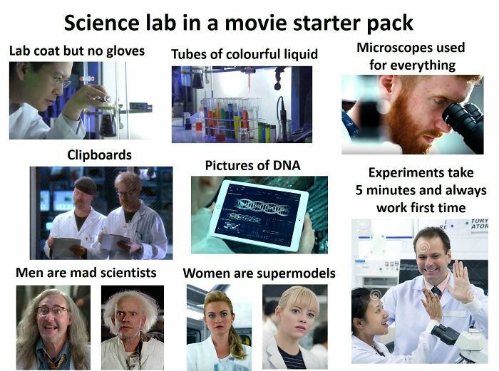Funny 'starter pack' meme of a science lab in movies, featuring lab coats, colorful liquids, and supermodel scientists.