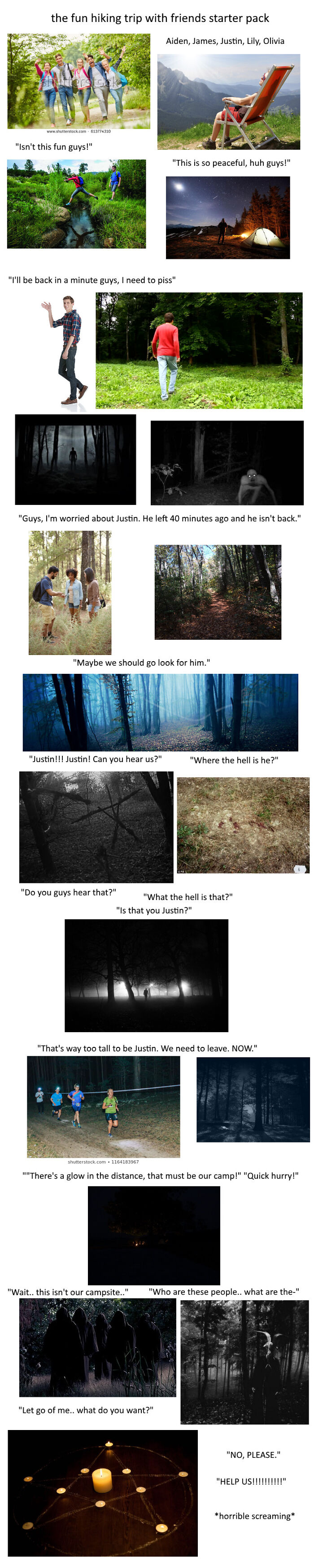 Funny 'starter pack' meme about a group's hiking trip mishaps and spooky encounters in the forest.