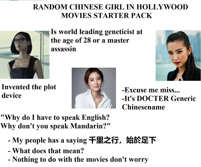 Funny 'starter pack' meme illustrating stereotypes of Chinese characters in Hollywood movies.