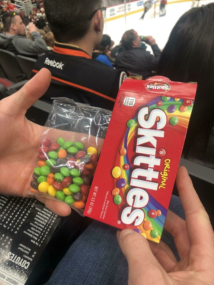 Bought This "Large" Box Of Skittles At A Hockey Game. Had Fewer Skittles Than A Standard Bag