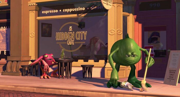In Monsters Inc (2001), Sully And Mike Pass By The “Hidden City Café”. This Is A Reference To A Real-Life Café In Point Richmond, California. In 1994, Several Famous Pixar Directors Had Lunch There And Came Up With Ideas For Movies…a Bug's Life, Monsters, Inc, Finding Nemo, And Wall-E