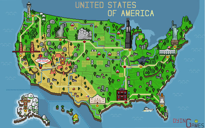 I Made A Retro Pixel Map Of The USA! Tried To Include Some Of The Iconic Monuments/Locations That Resonated With Me