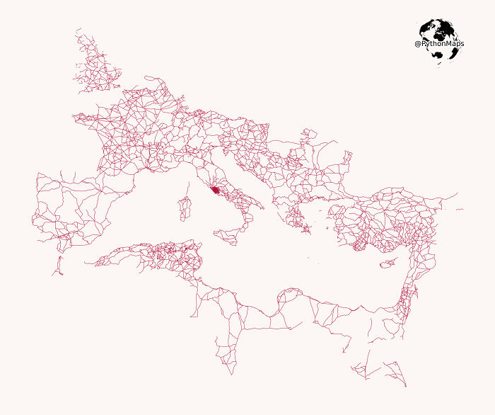 All Roads Lead To Rome. This Map Is Visualises The Famous Roads Built By The Roman Empire. I Have Removed The Land To Highlight How Far This Empire Spread Its Infrastructure