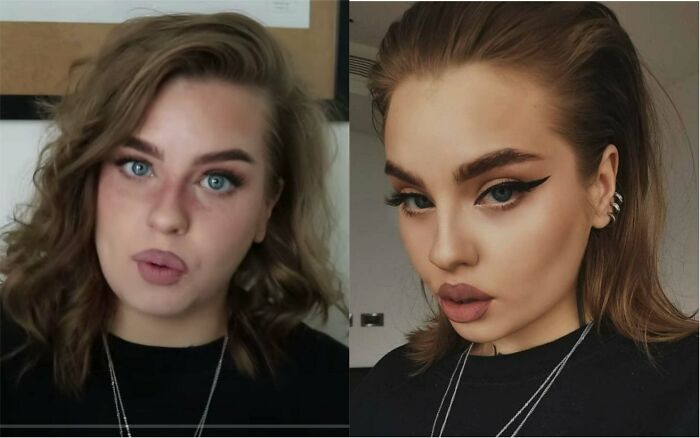 Most Recent Video vs. An Instagram Post. She Looks Fine Unedited But Still Feels The Need To Shop Herself Into A Caricature Whilst Saying The Only Edits She Does Are To "Blur Blemishes".