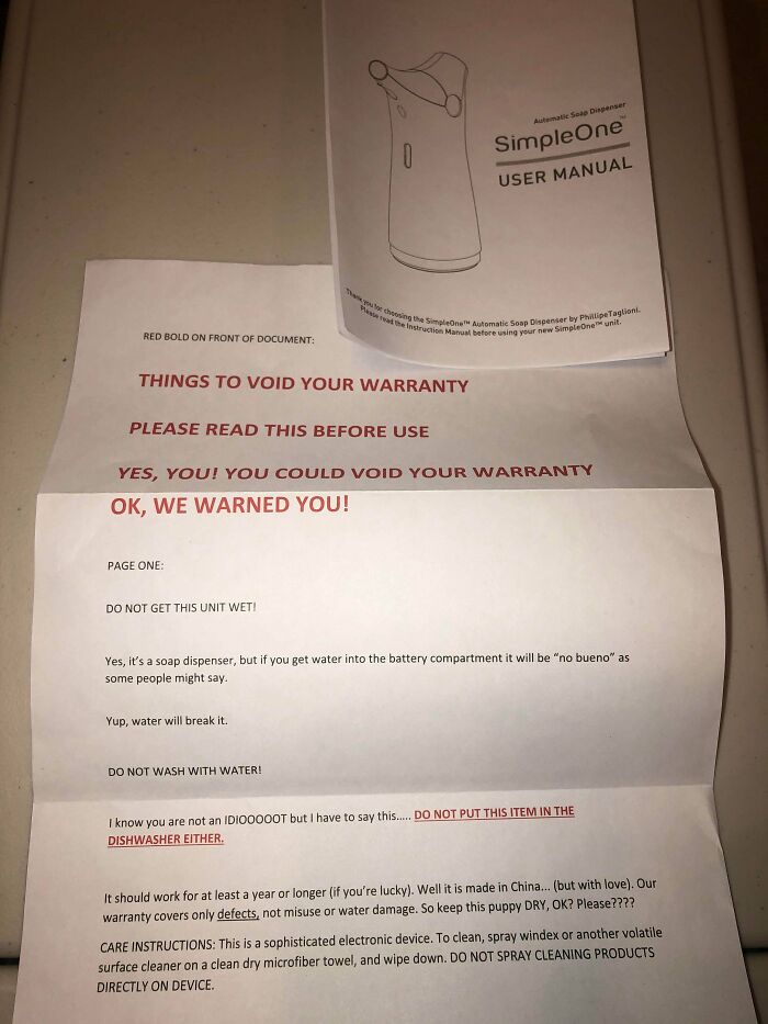 This Warning Message Came With Touchless Soap Dispenser