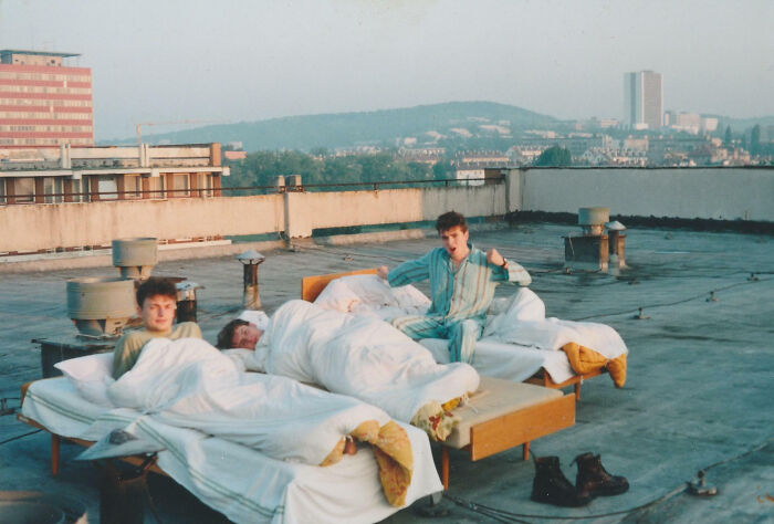My Dad And His Friends After Sleeping On The Schools' Roof During Summer, 1993