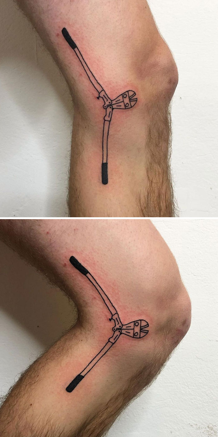 Creative tattoo of pliers that transforms when the elbow bends, showcasing body movement art.