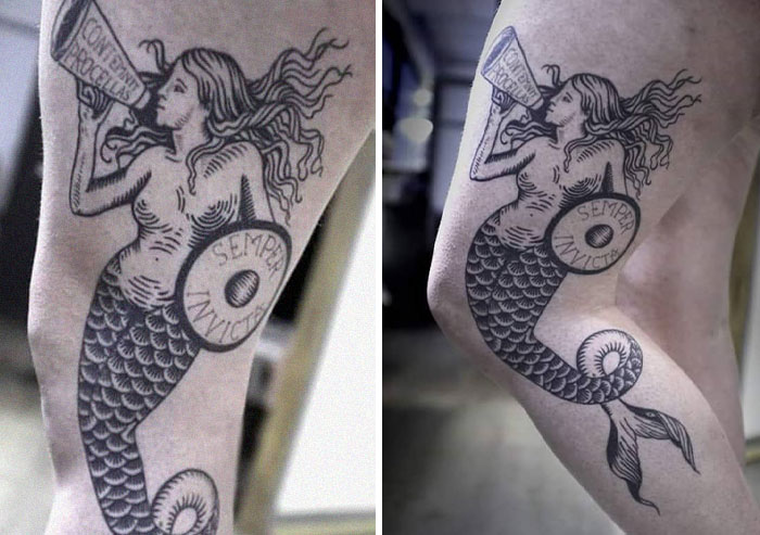 Creative tattoo of a mermaid on a leg, transforming as the knee bends.