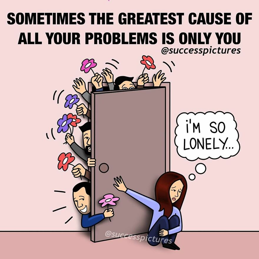 Illustration by Success Pictures showing a woman feeling lonely near a door with people trying to give her flowers.