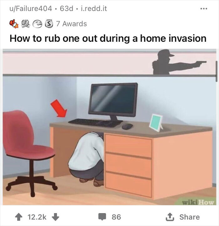 WikiHow image out of context: person hiding under a desk from a shadowy figure pointing a gun.