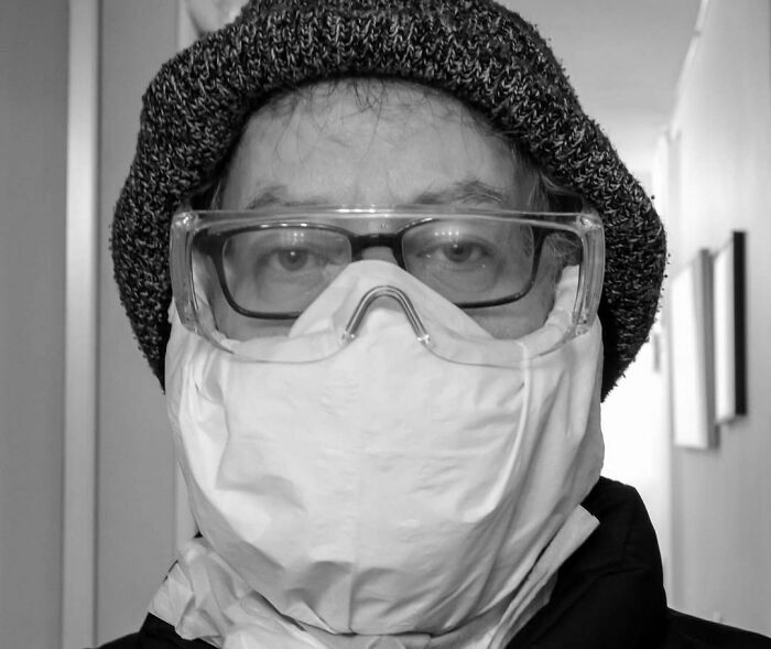 Sophia Has Been Experimenting With Different Types Of Effective Masks So I Could Go Outside, And She Tried This Combination Of Plastic, Paper Towels, And An Cut Piece Of An Air-Conditioning Filter That She Bought On Amazon After Reading That The Virus Can't Penetrate It. I Went Downstairs Wearing This Mask And It Really Worked Well, Almost Too Well, Because Within Minutes I Felt Myself Hyperventilating. So, Back To The Drawing Board