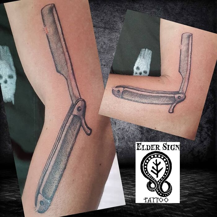 Creative tattoos of a straight razor on an arm, transforming as the elbow bends, designed by Elder Sign Tattoo.