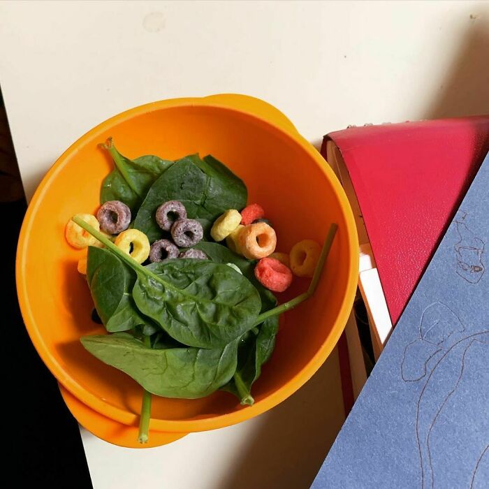 Y’all. I Have No Words. My Child Is Something. Spinach And Fruit Loops. Thankfully, She Has The Best Vitamins