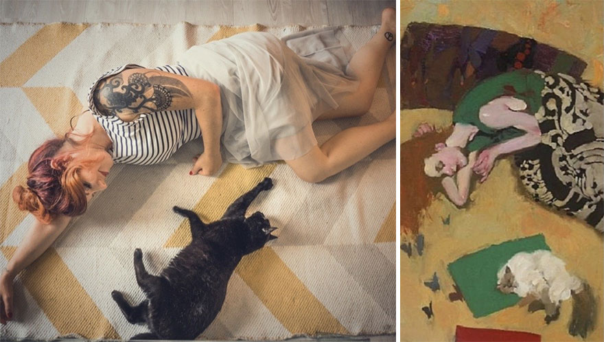 Jenny & Betty. Painting: 'Cats Dream Of Butteflies Too' By Kobayashi