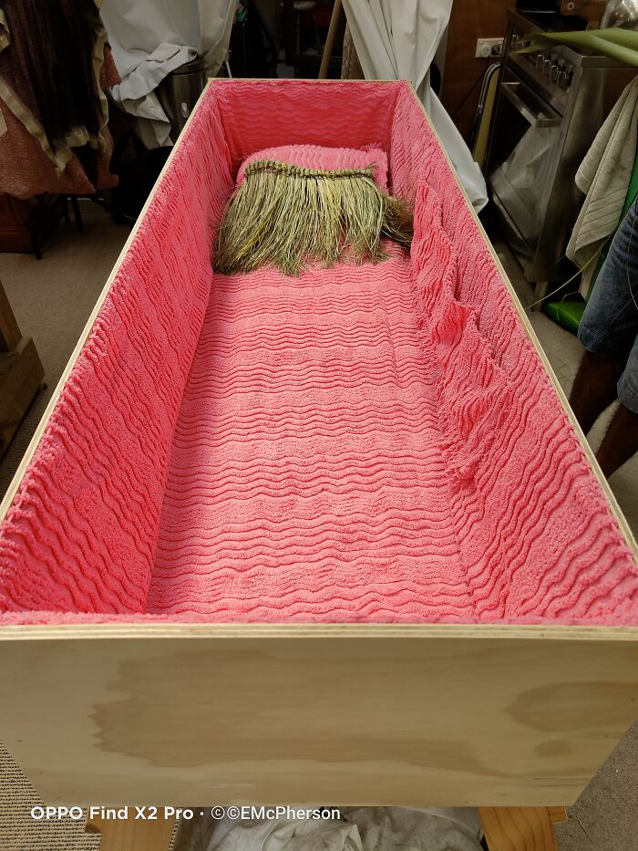 My Beloved Friend's Coffin, As Requested, Lined With Candlewick. I Included Pockets So We Could Send Her Off With Things. The Kid Was Lined On The Inside With Gary Larson Cartoons.