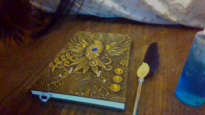 Cool Diary, Feather Quill, And Ocean In A Bottle Made With Crystals I Grew