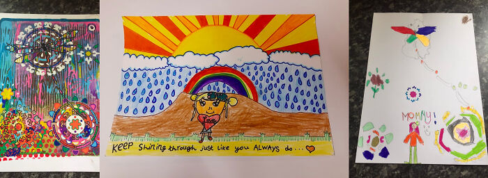 The Thing That I Am Most Proud Of Is By Far My Daughter, For 1001 Reasons! One Of Which Is How My Work Inspires Her. Far Left, Is An Older Piece Of Mine And Far Right Is Her Interpretation Of It Created 2019. The Image In The Centre Is Her 'Positivity Postcard' Designed For A Competition 2021. She Is Only 7 Years Old And Keeps Getting Better And Better! Proud Mummy..