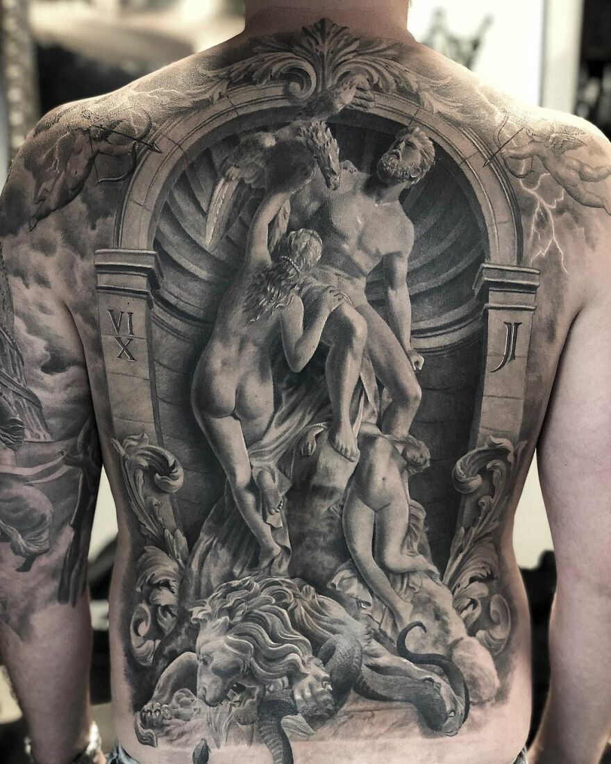 Swedish artist's back tattoo showcasing black and gray realism with intricate figures and animals.