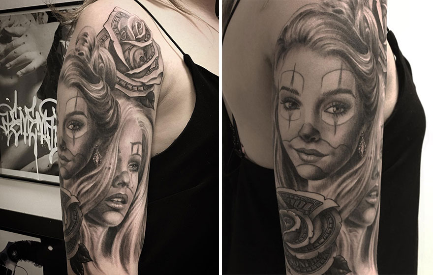Black and gray realism tattoo by Swedish artist, featuring detailed female portraits on an arm.