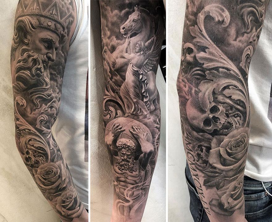 Black and gray realism tattoos featuring intricate designs by a Swedish artist, showcasing mythical and nature elements.