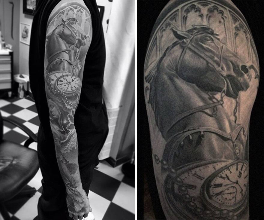 Black and gray realism tattoo on arm featuring a horse and clock, crafted by a Swedish artist.