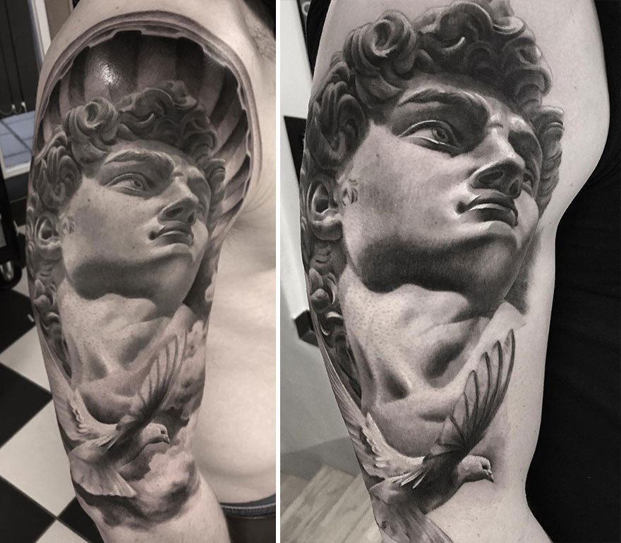 Black and gray realism tattoo by Swedish artist, depicting a detailed sculpture with a bird on a person's arm.