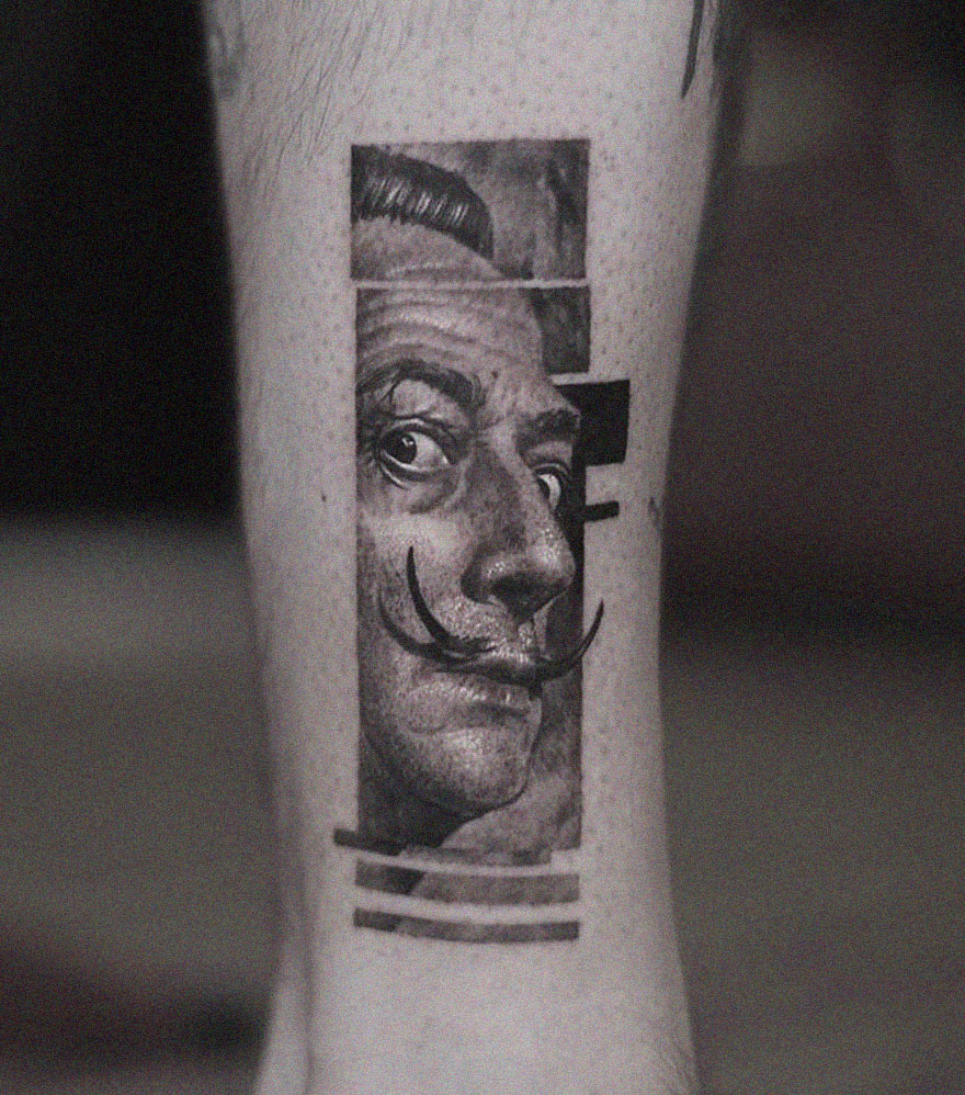 Black and gray realism tattoo of a surrealist portrait on leg by Swedish artist.