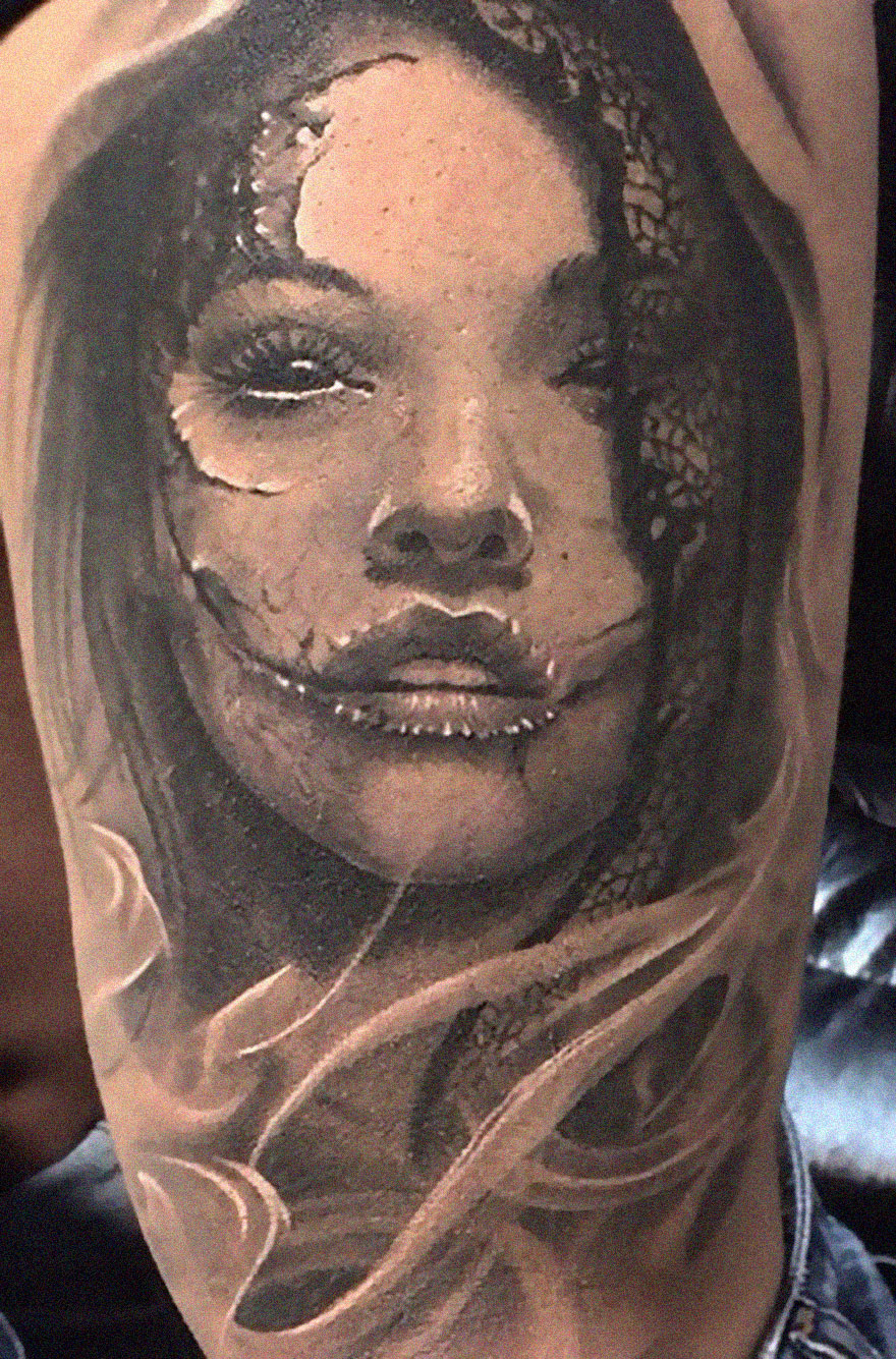 Black and gray realism tattoo of a woman's face by a Swedish artist, showcasing intricate details and shading.