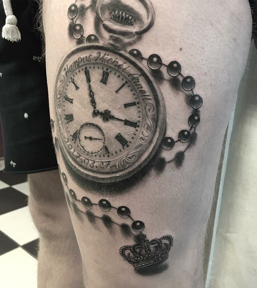 Black and gray realism tattoo of a pocket watch and crown on a leg, by a Swedish artist.
