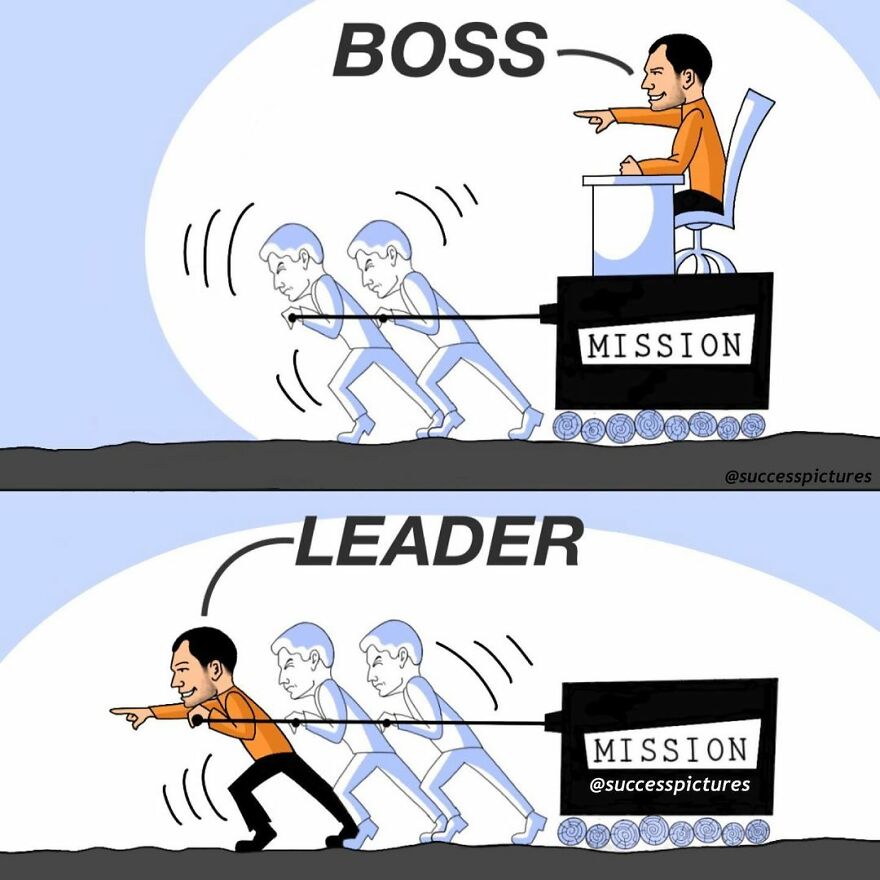 Illustration by Success Pictures showing difference between boss and leader in a motivational context.