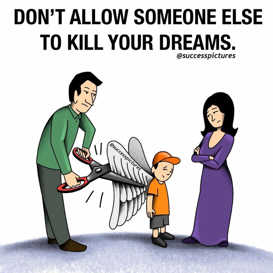 Man cutting wings off a boy with scissors labeled "Success Pictures," symbolizing the k*****g of dreams.