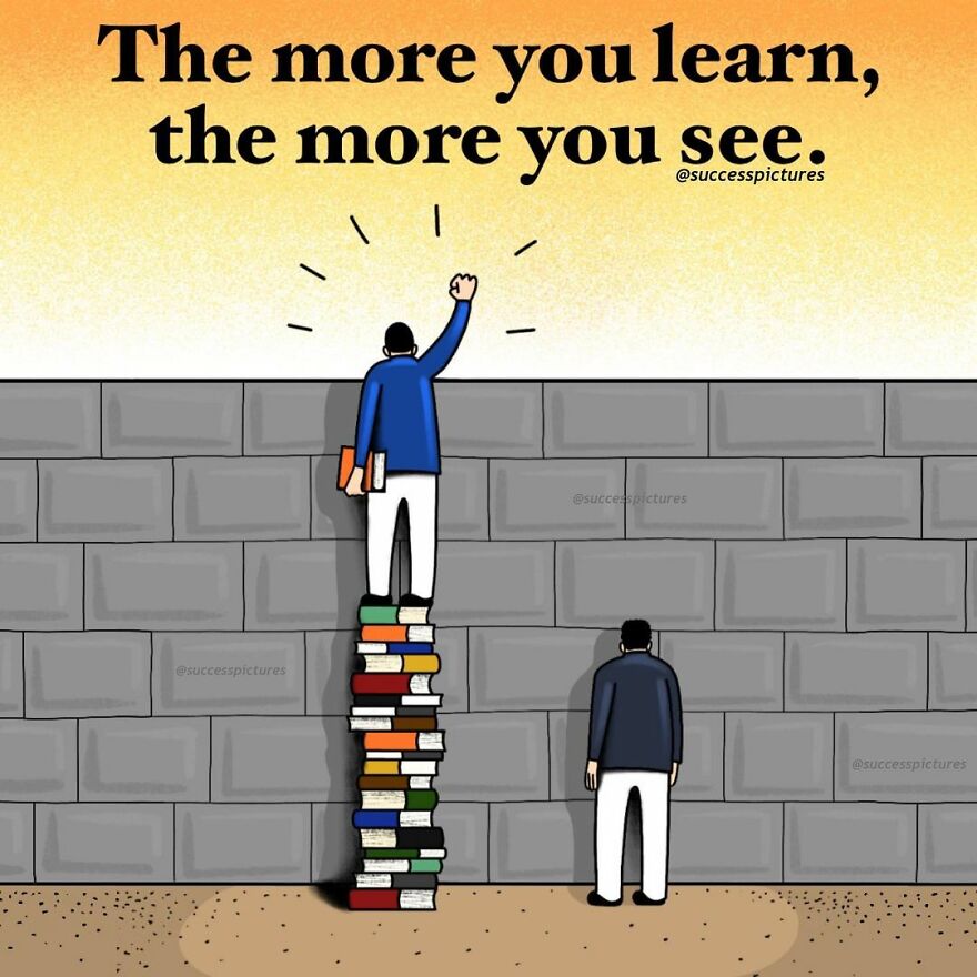 Illustration of a man climbing a tall stack of books to see over a wall, symbolizing learning and success.