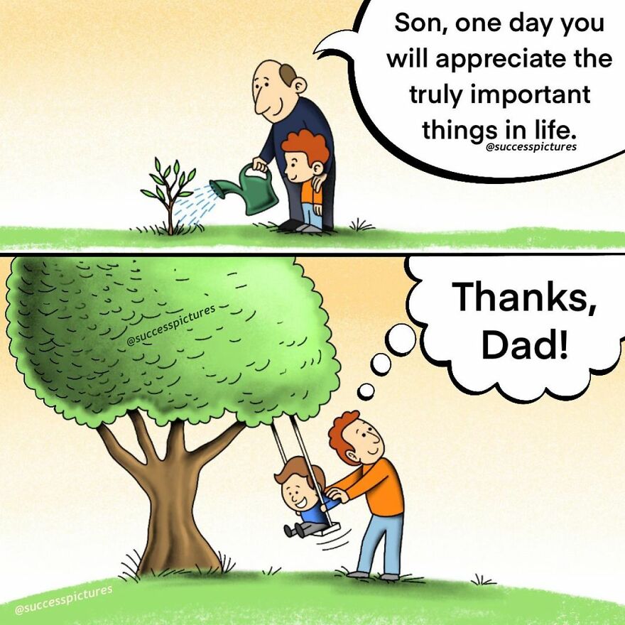 Father and son with motivational illustration about appreciating important life lessons by Success Pictures.