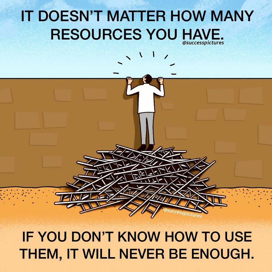 Illustration by Success Pictures showing a man on a pile of ladders, unable to climb over a wall.