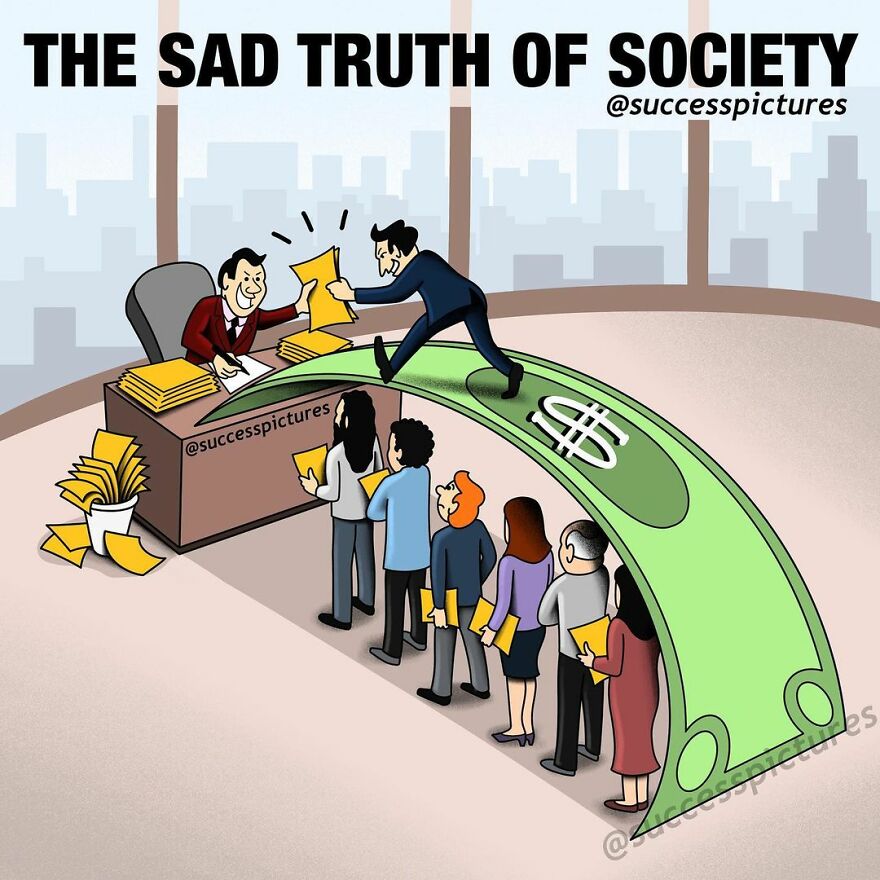 Illustration by Success Pictures showing people exchanging papers over a bridge made of money, depicting societal hierarchy.