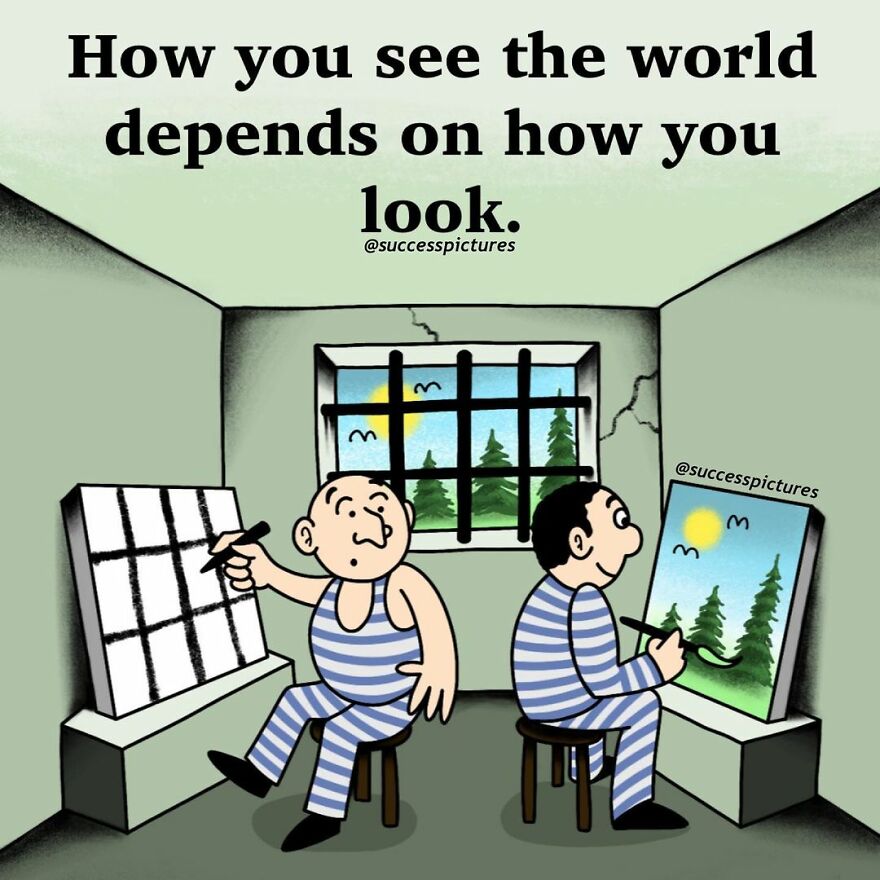 Two prisoners view the world differently, illustrating a motivational concept by Success Pictures.