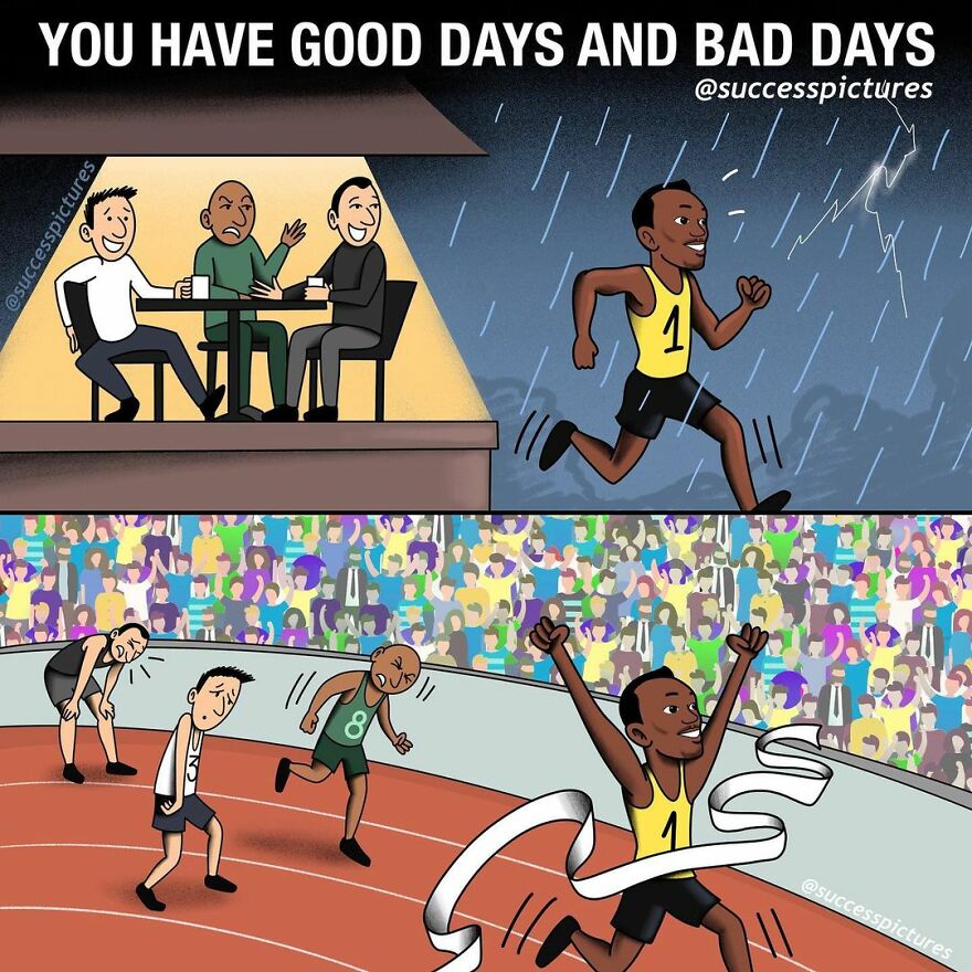Athlete running through rain, crossing finish line triumphantly; illustration by Success Pictures.
