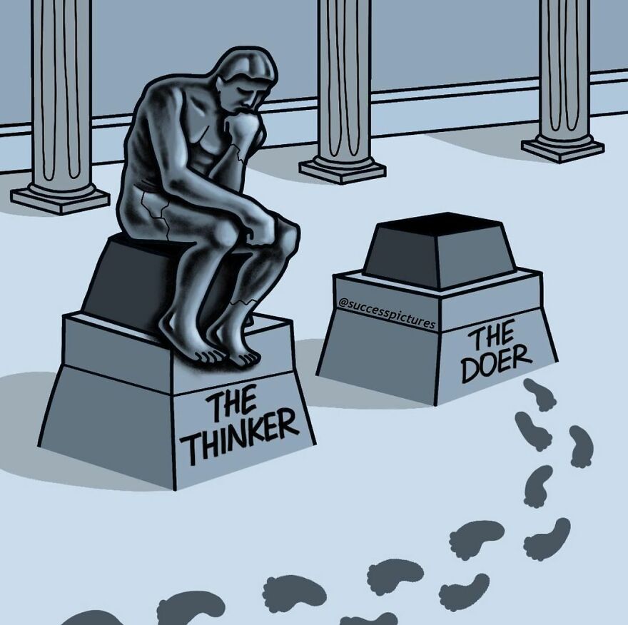 A sculpture labeled "The Thinker" beside an empty pedestal labeled "The Doer" with footsteps leading away, by Success Pictures.