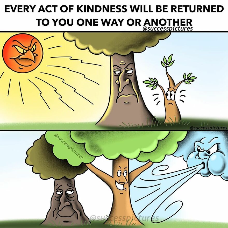 Illustration by “Success Pictures” showing trees and weather elements symbolizing kindness and its returns.