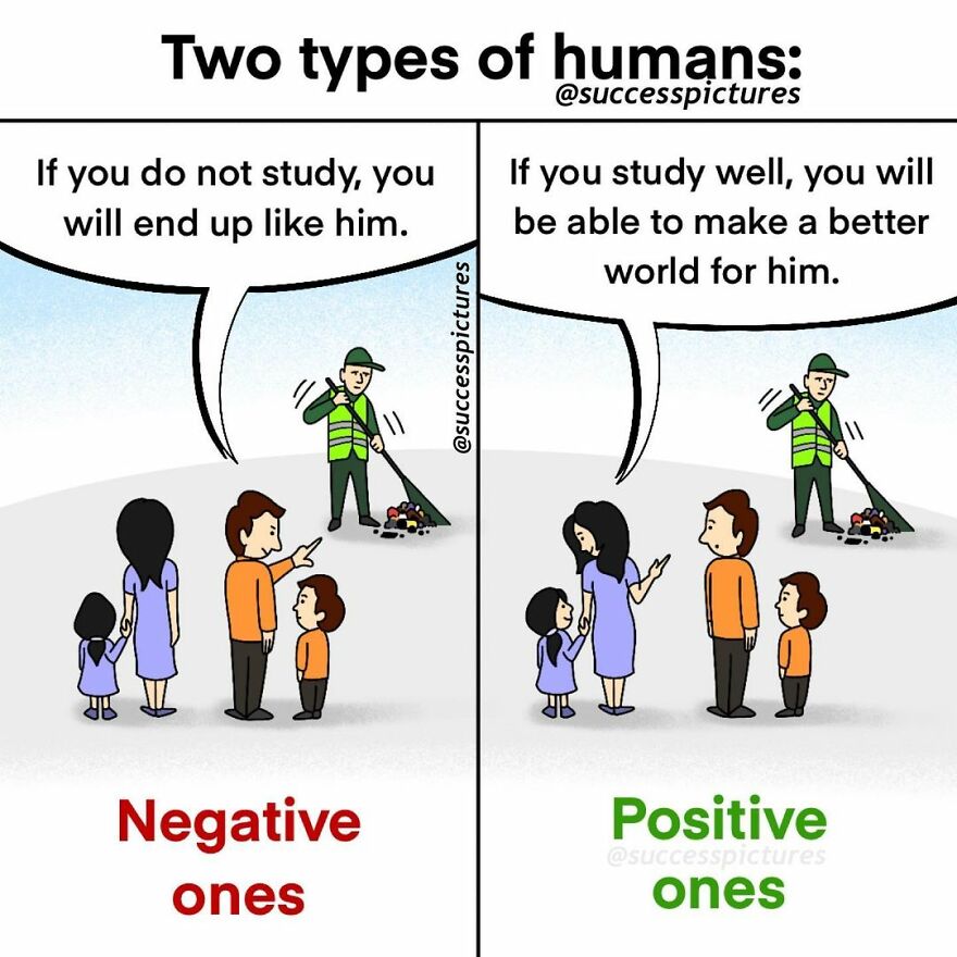 Illustration by Success Pictures showing negative and positive perspectives on studying and future outcomes.