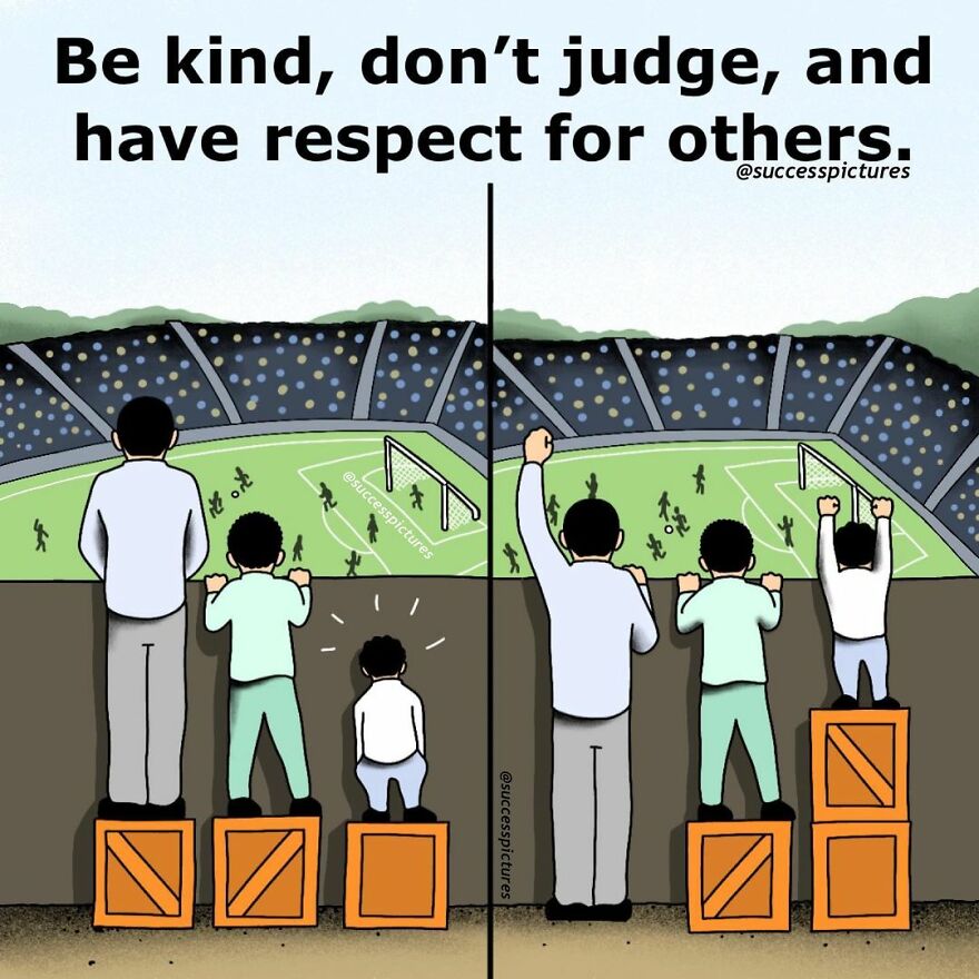 Success Pictures illustration of fairness and equality, showing three people at a sports event using boxes to see over a fence.