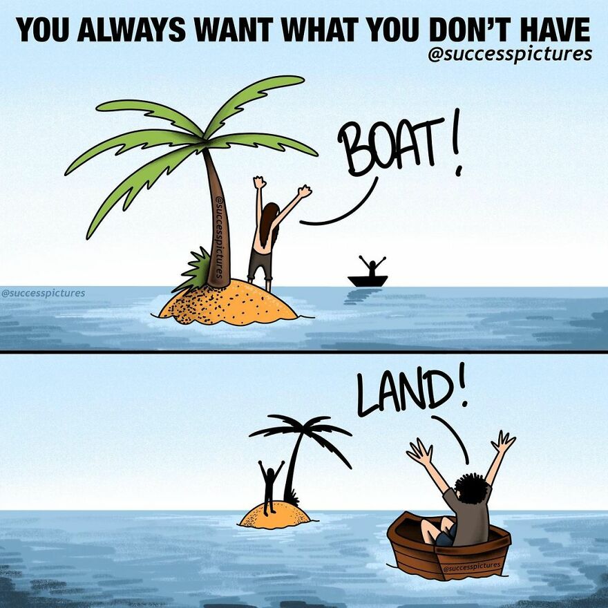 Deserted island comic by Success Pictures illustrating contrasting desires of different people.